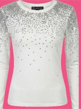 INC International Concepts White Long-Sleeve Sequin-Studded Tee size M